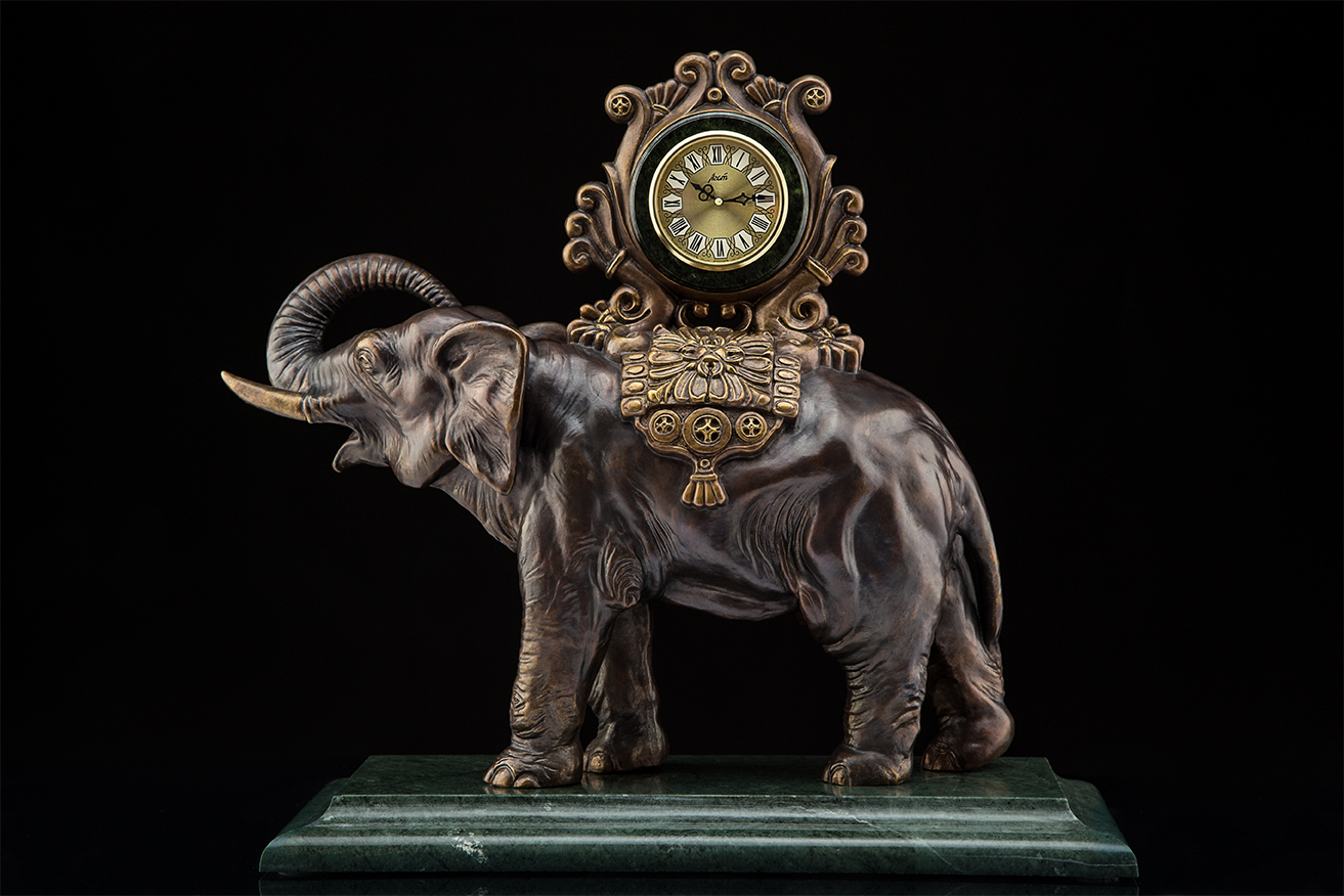 Tierplastik Kaminuhr "Elefant", Bronze